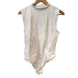 Nordstrom Mock Neck Sleeveless White Bodysuit Size L Knit Stretch Top NWT